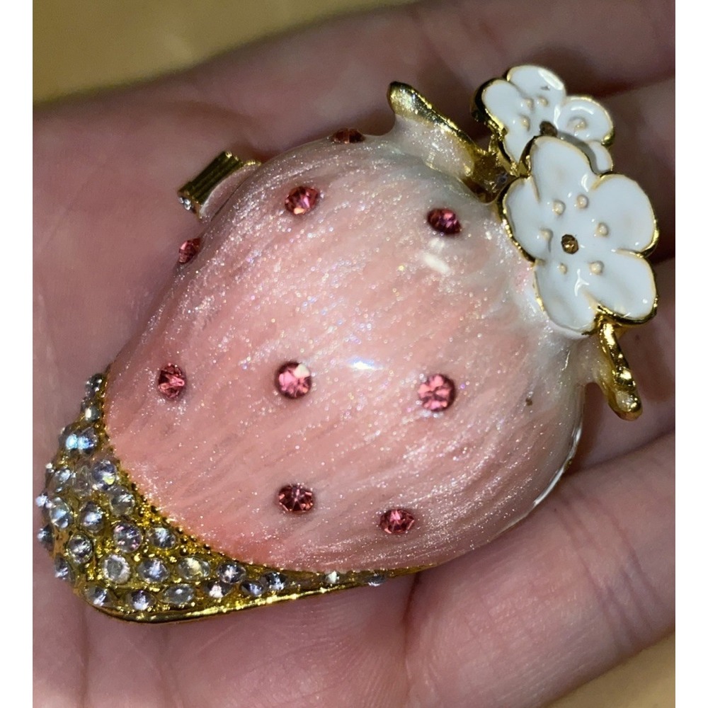 Strawberry Enamel Trinket Box Ring Box Pill Keeper Stash Rhinestones Dainty